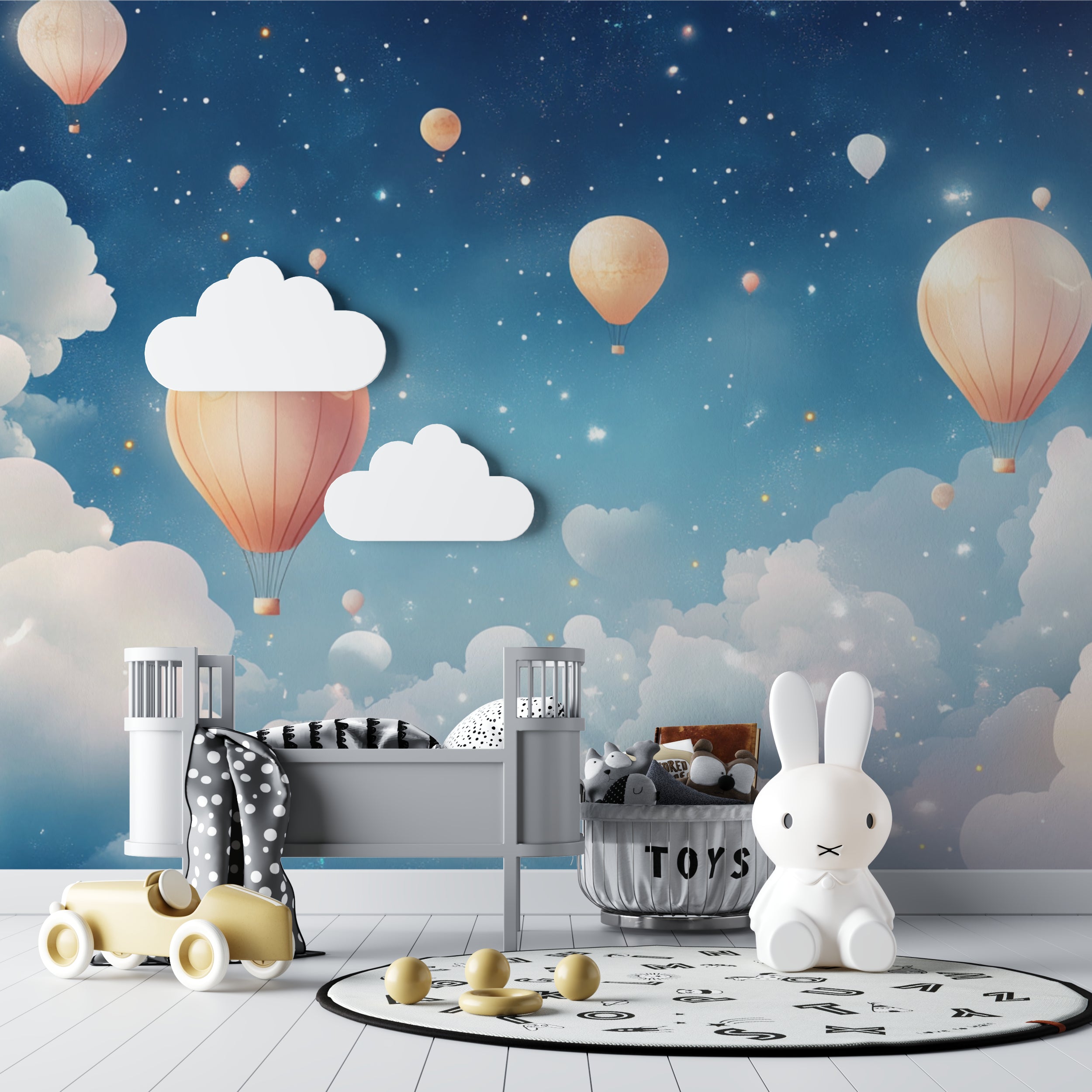 Balloon wallpaper bringing whimsy to a reading nook with cozy furniture