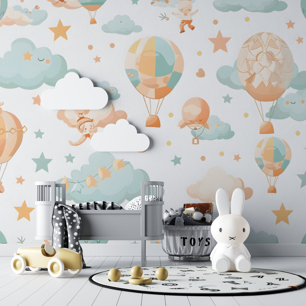 Hot air balloon design featured in a modern kids bedroom setting
