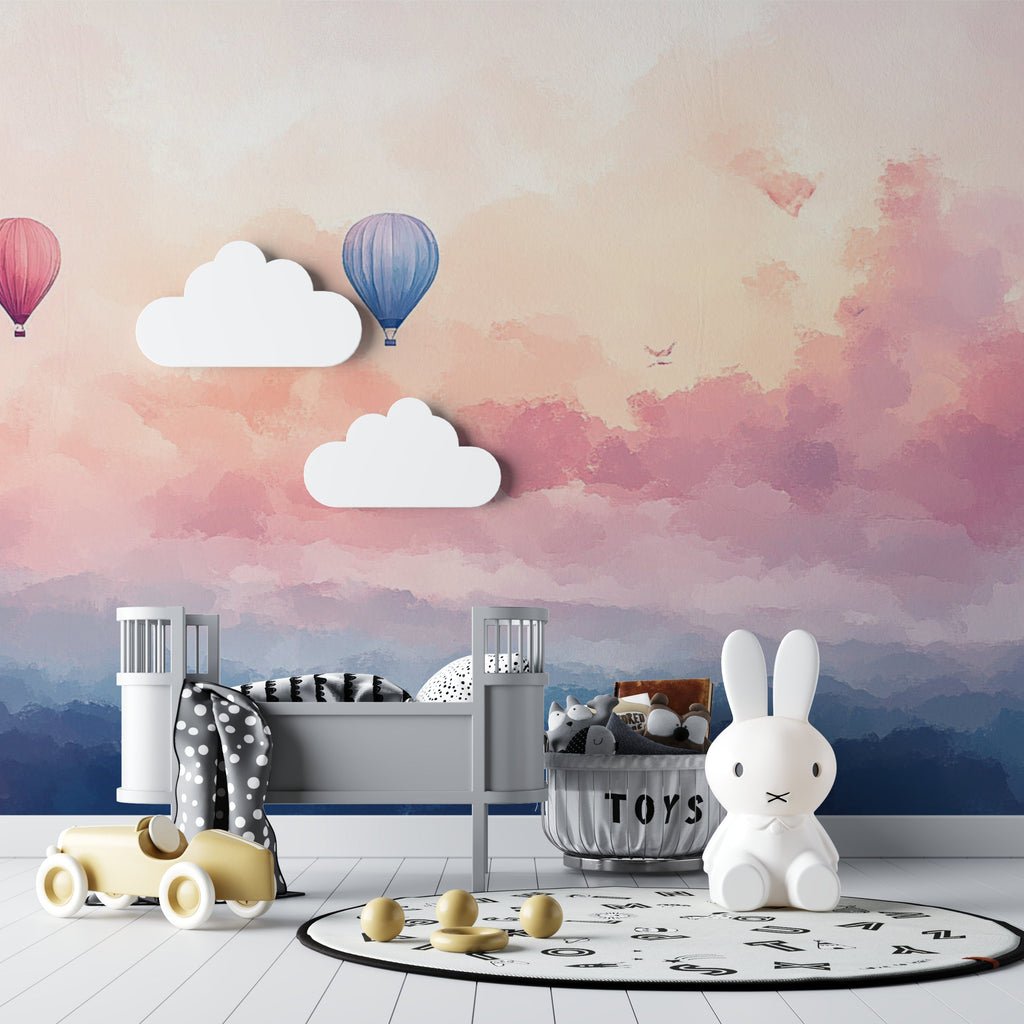 Sky wallpaper featuring hot air balloons in a cozy reading nook