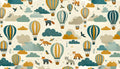Hot air balloon nursery wallpaper creating a magical atmosphere in a modern nursery with soft teal and mustard accents