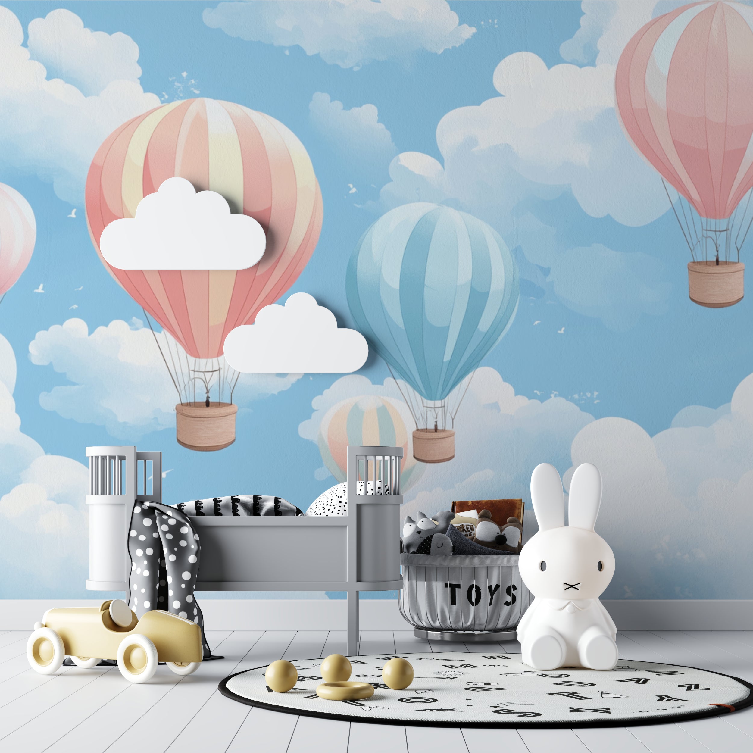 Pastel balloon mural creating depth in a cozy reading nook with natural lighting