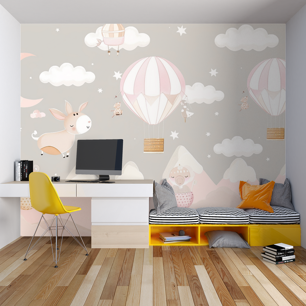 Pastel pink balloon wallpaper bringing soft color to girl's bedroom