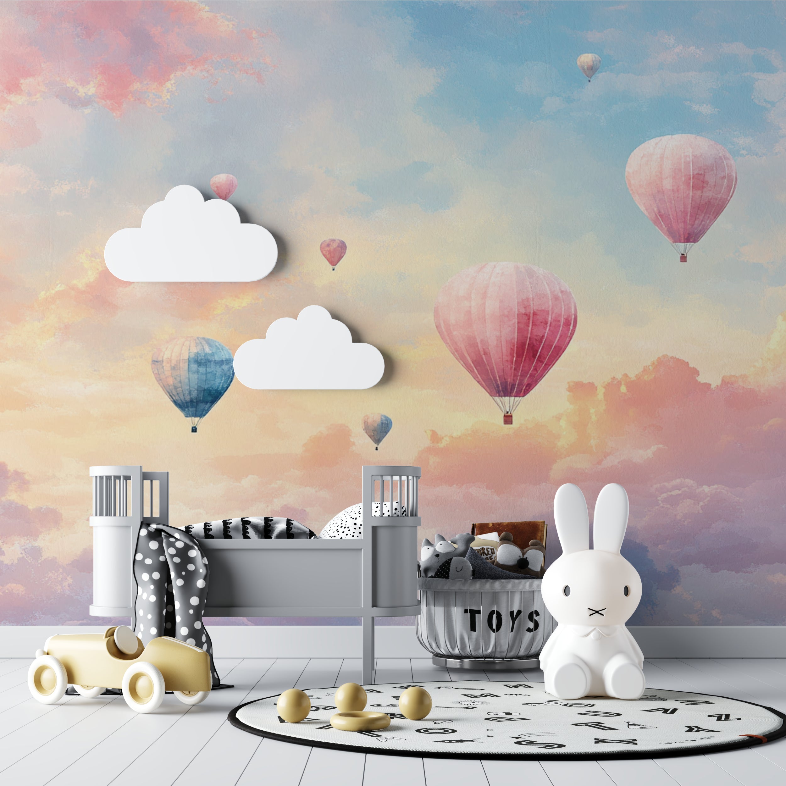 Kids bedroom featuring hot air balloon mural with reading nook and playful decor