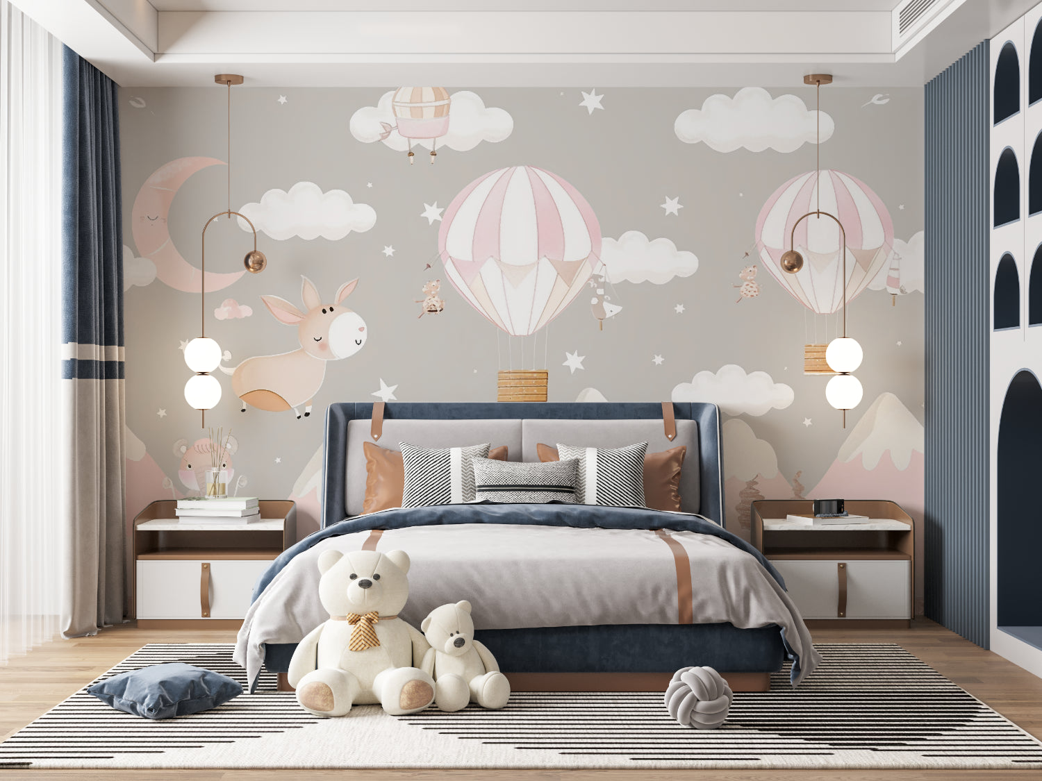 Baby room featuring pink hot air balloon wallpaper with gentle lighting