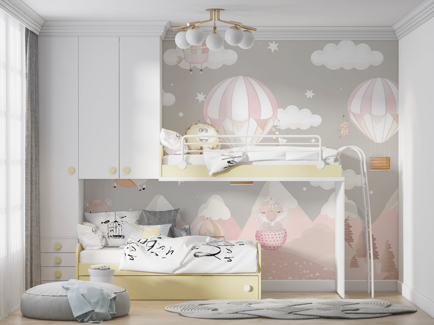 Kids bedroom showcasing adventure hot air balloon mural in daylight