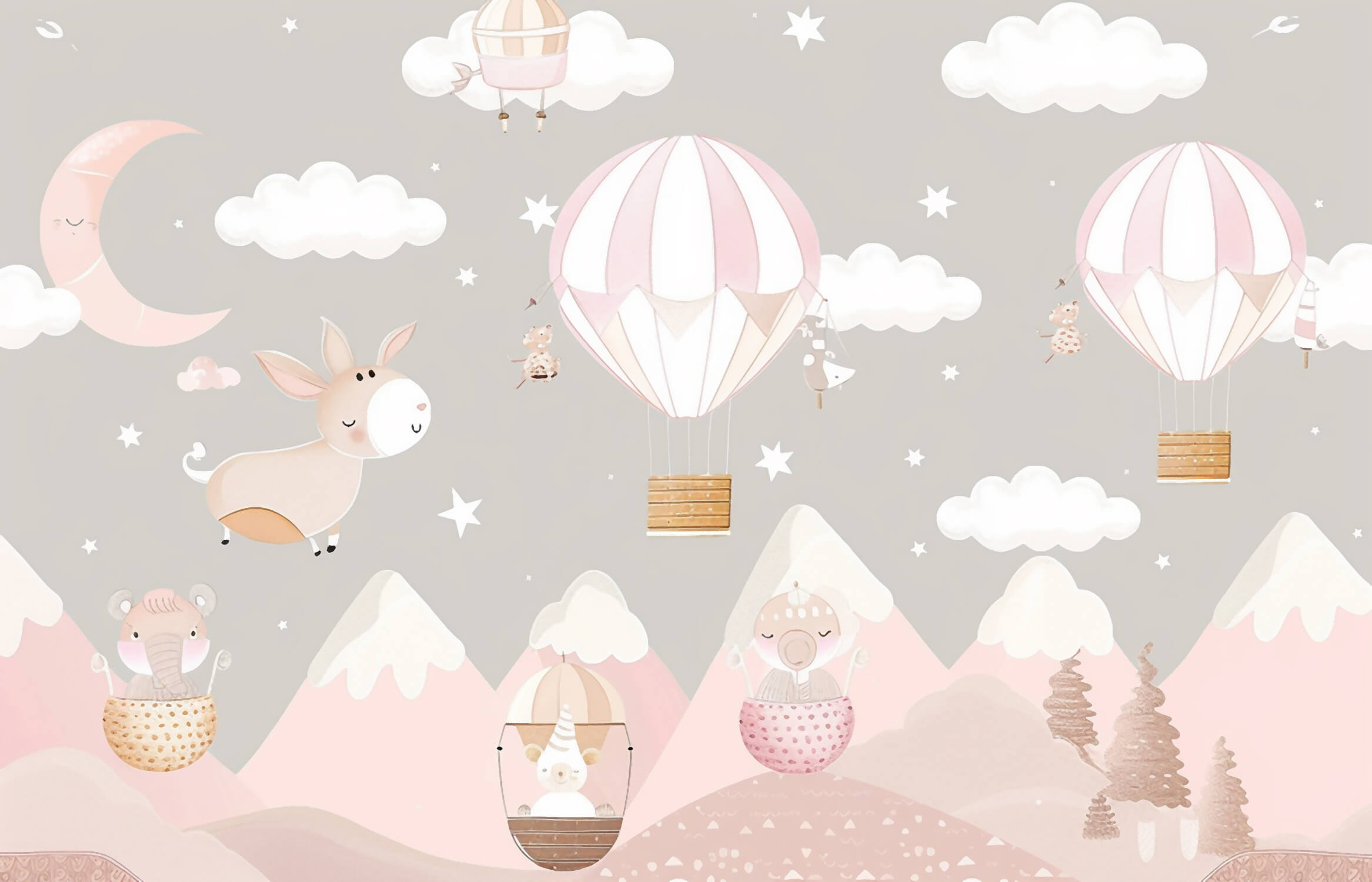 Hot air balloon wallpaper design file showing full pattern with pink sky and floating balloons