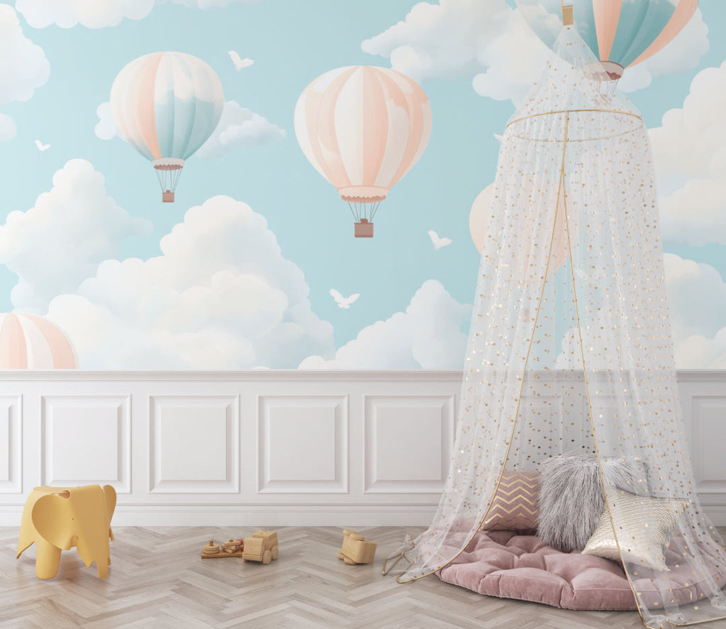 Hot air balloon mural adding whimsy to a playroom with natural light