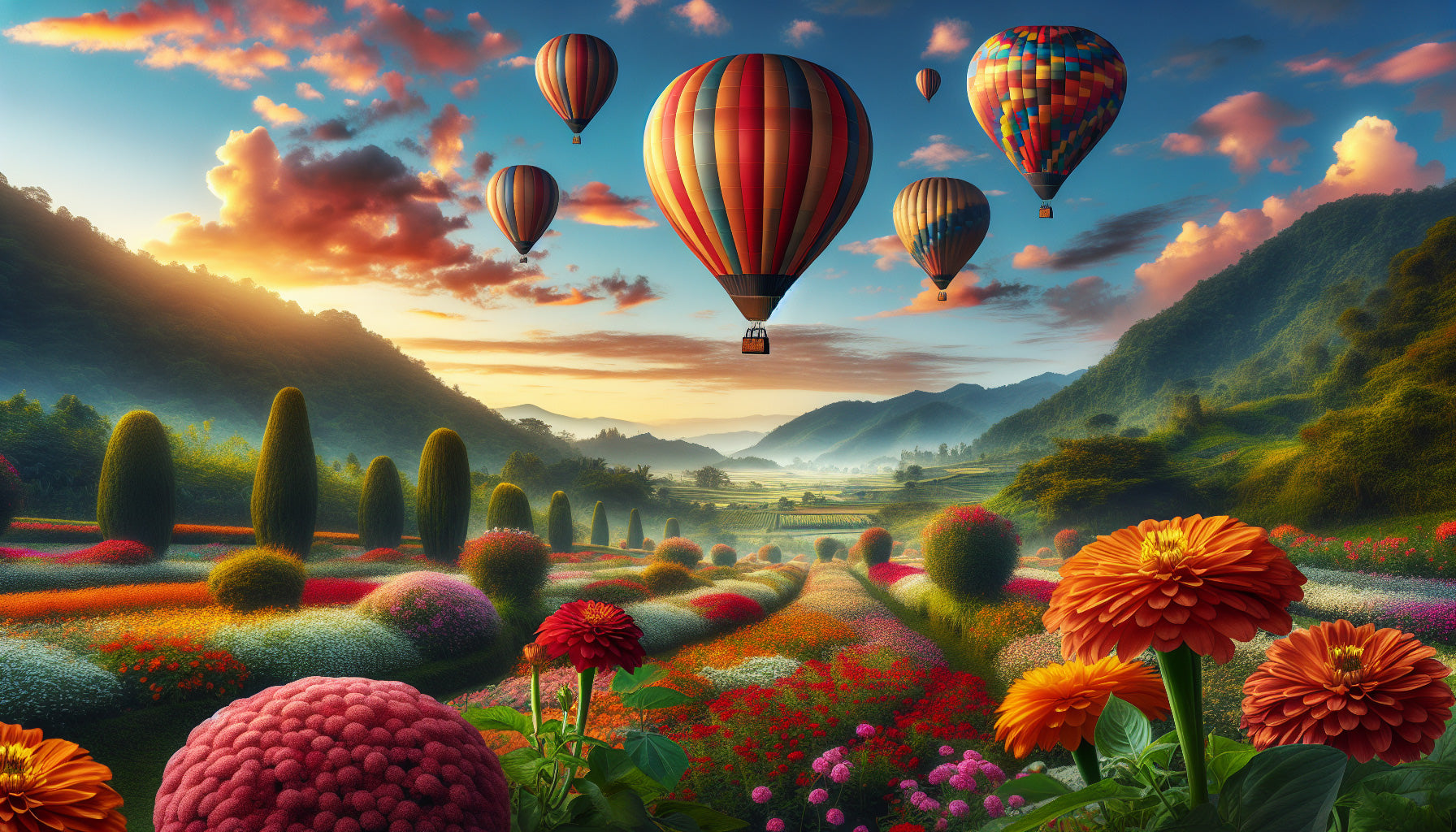 Hot air balloon garden paradise design file showing detailed pattern of balloons, mountains and flowers at sunset
