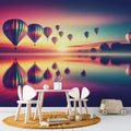 Hot air balloon wallpaper creating a peaceful atmosphere in a modern living room, with sunset colors reflecting off white furniture