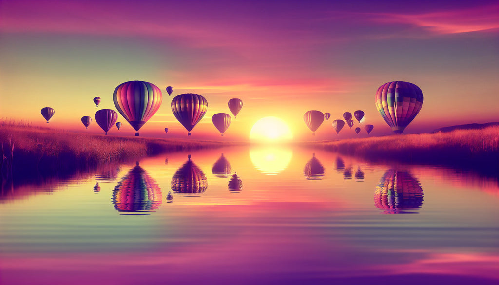 Hot air balloon wallpaper design file showing detailed lake reflection pattern and sunset color palette