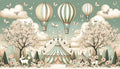 Hot air balloon wallpaper bringing magic to a cozy nursery, with soft sage-green and cream stripes creating a dreamy atmosphere