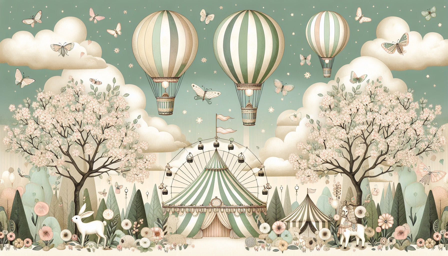 Hot air balloon wallpaper bringing magic to a cozy nursery, with soft sage-green and cream stripes creating a dreamy atmosphere