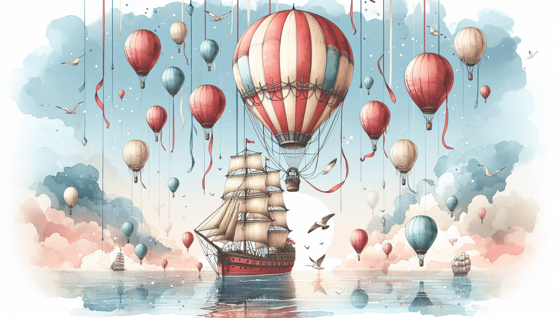 Hot air balloon watercolor design file showing detailed vintage balloons and sailing ships in soft pastels