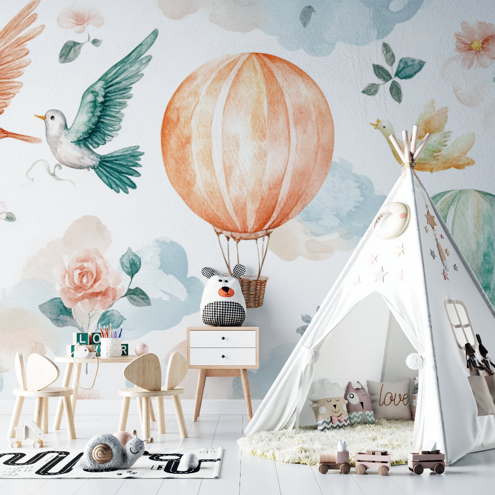 Watercolor balloon wallpaper brightening a child's playroom with natural light