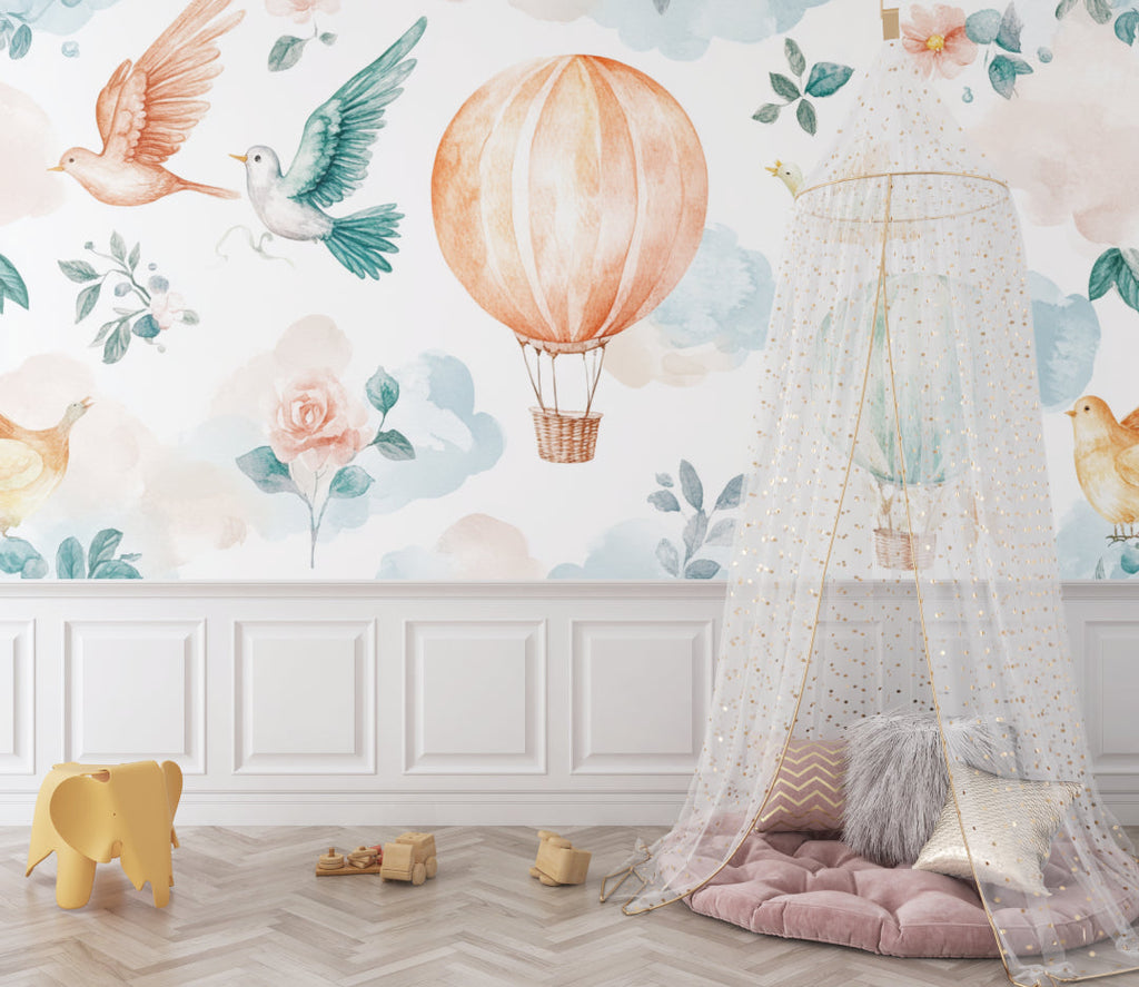 Balloon and bird wallpaper creating a sweet reading nook in kids room