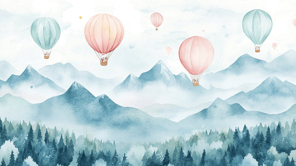 Design file showing detailed watercolor hot air balloons and mountain landscape pattern