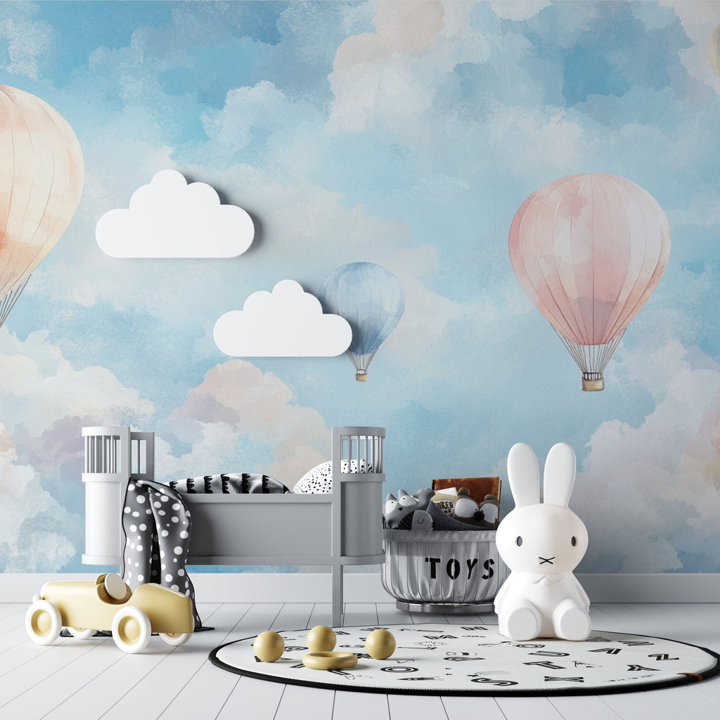 Pastel hot air balloon mural in a cozy reading nook with plush cushions and soft lighting
