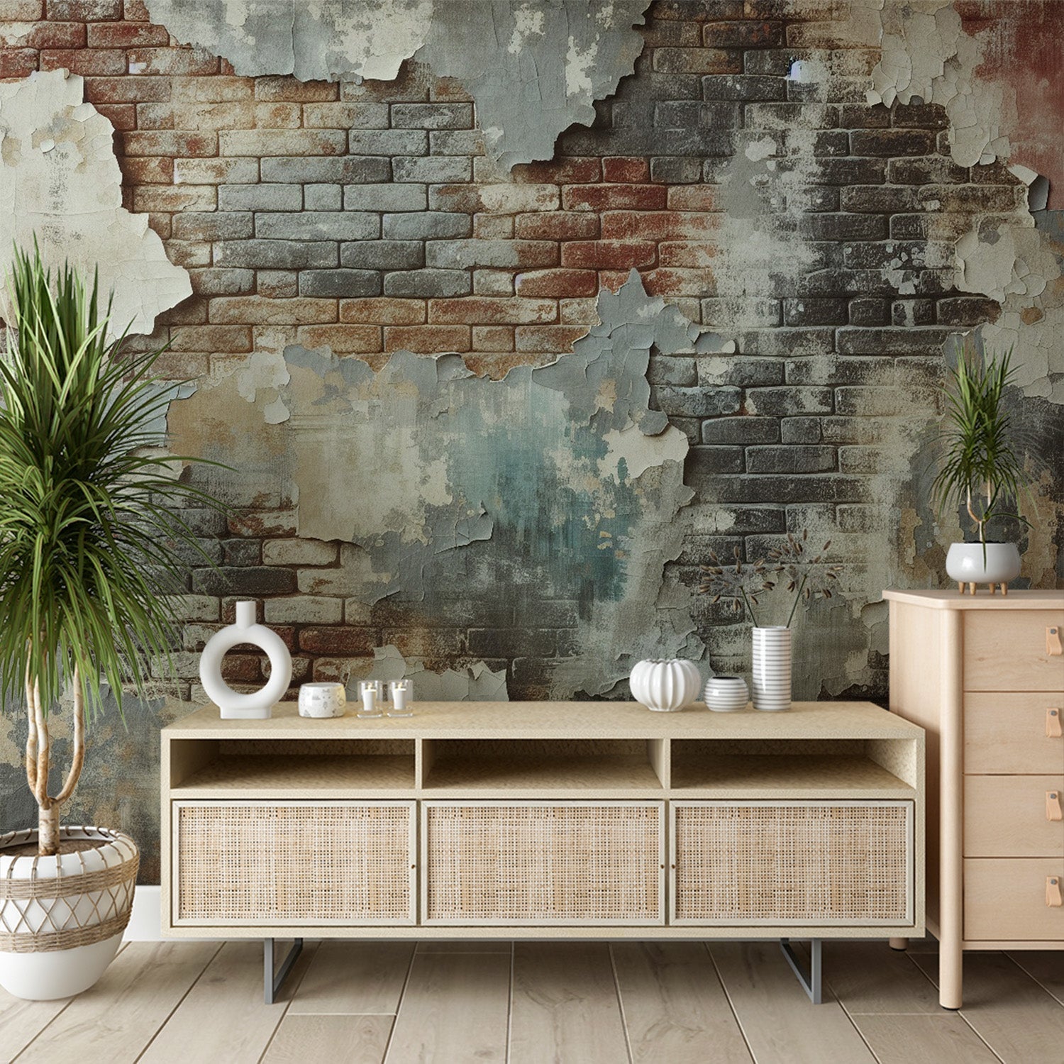 Industrial brick wallpaper creating a stunning focal point in a modern living room with high ceilings and minimal furniture