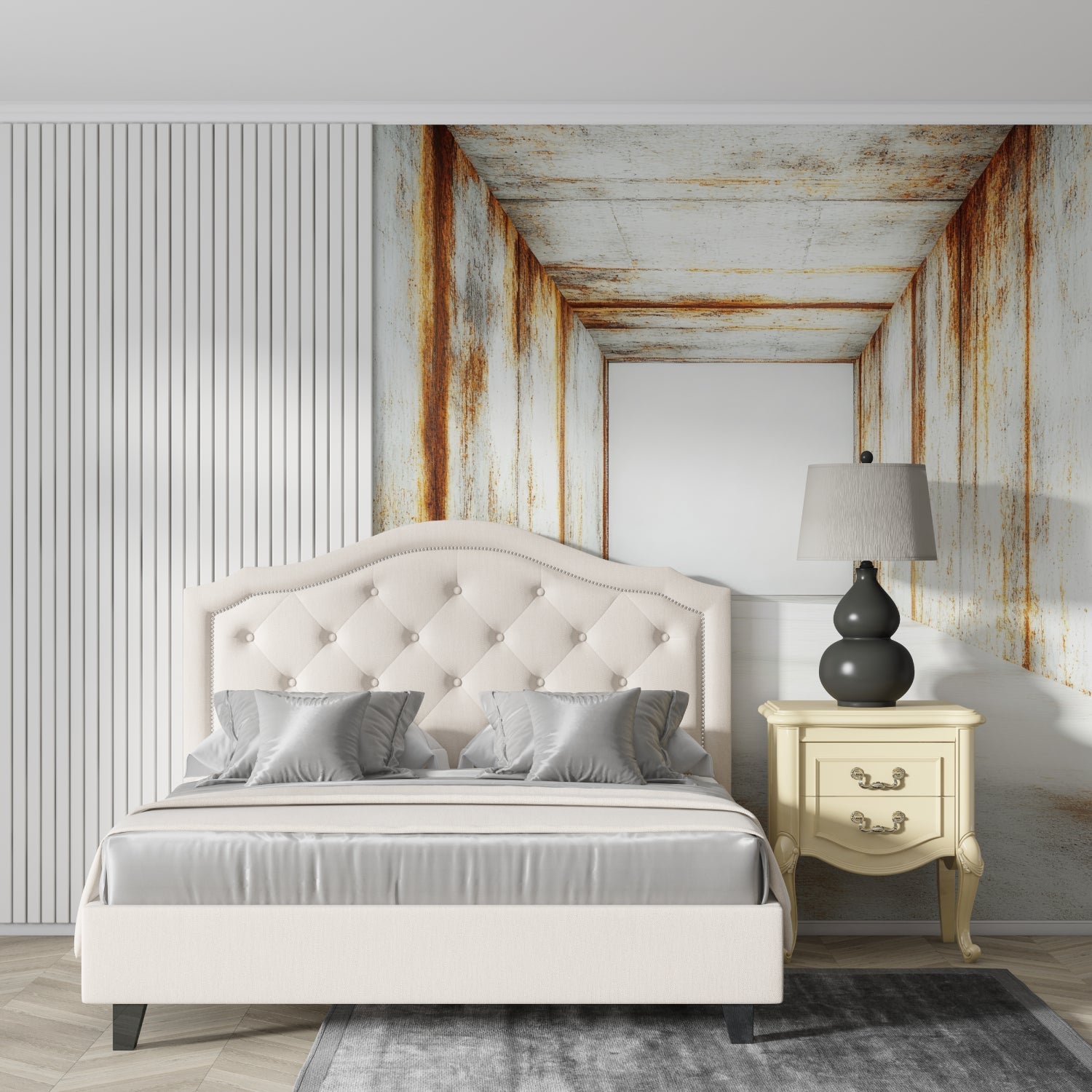 Industrial corridor wallpaper creating depth in modern living room with grey sofa and metal accents