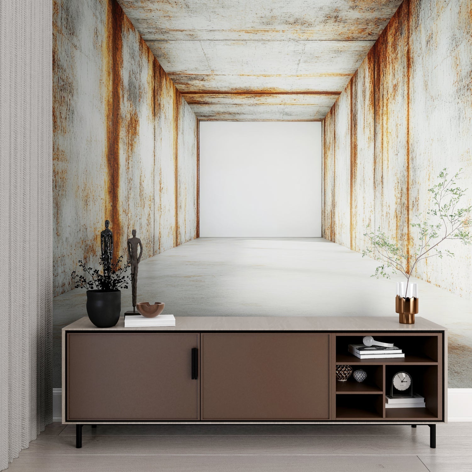 3D industrial wallpaper in office space showing dramatic corridor perspective