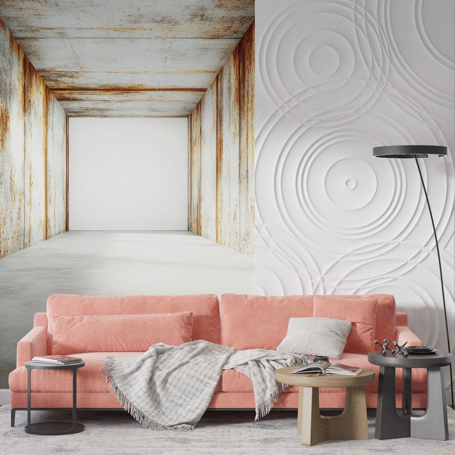 Industrial effect mural in loft-style bedroom with exposed brick and metal fixtures