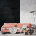 Black industrial wallpaper in modern living room creating urban atmosphere