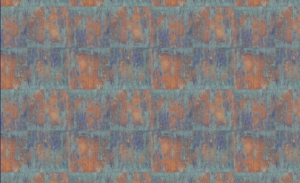 Design file of industrial metal wallpaper showing detailed copper and teal oxidized pattern