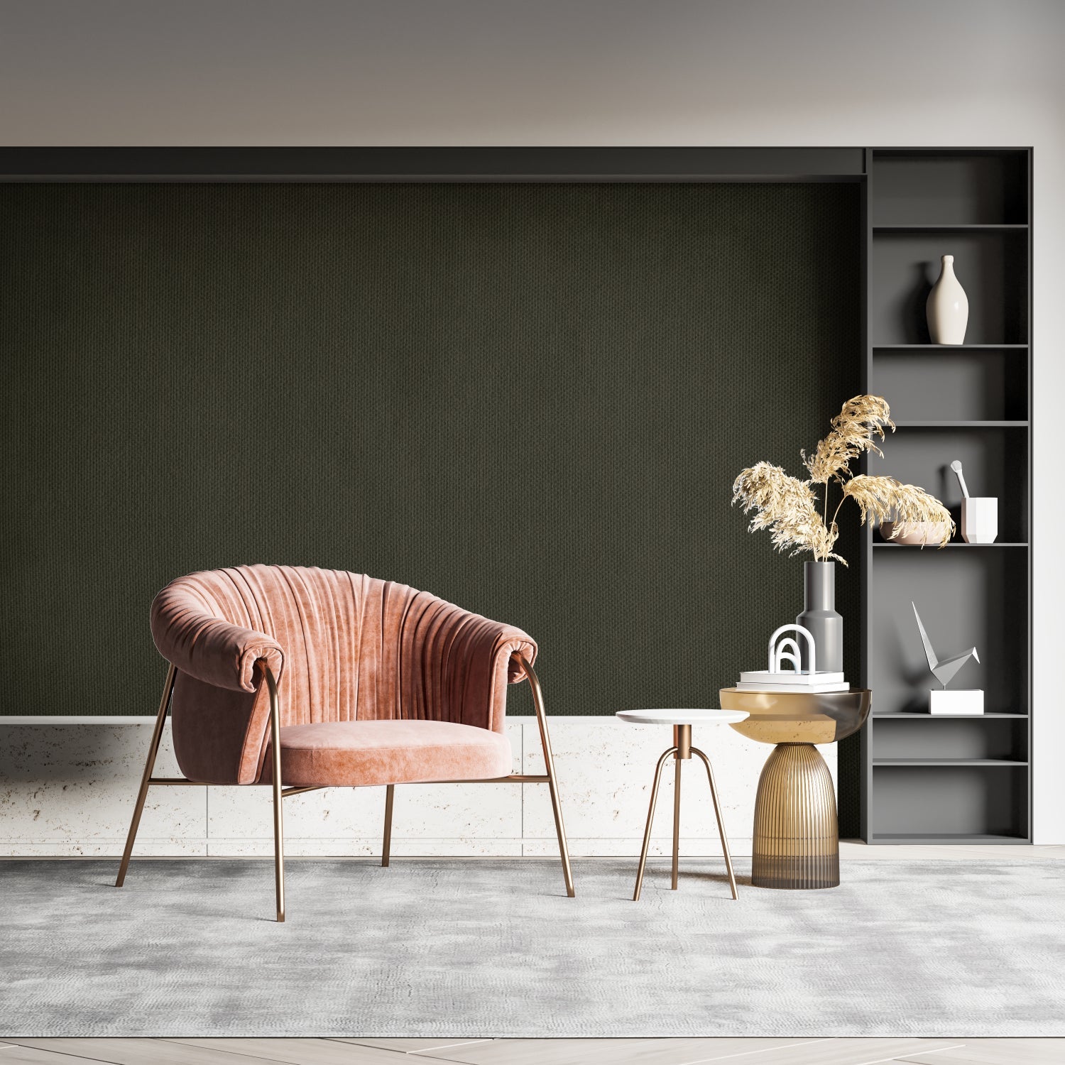Green textured wallpaper creating depth in minimalist living room