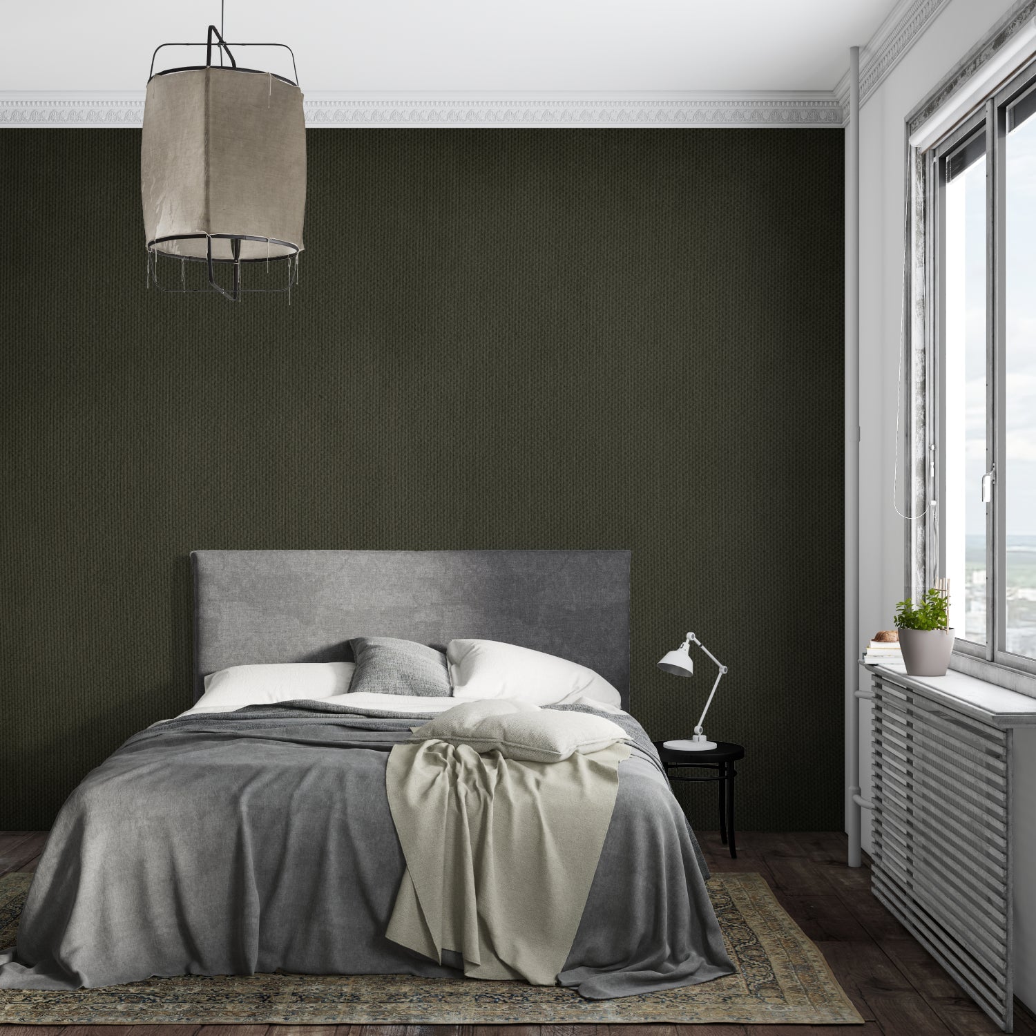 Deep green industrial wallpaper application in modern hallway