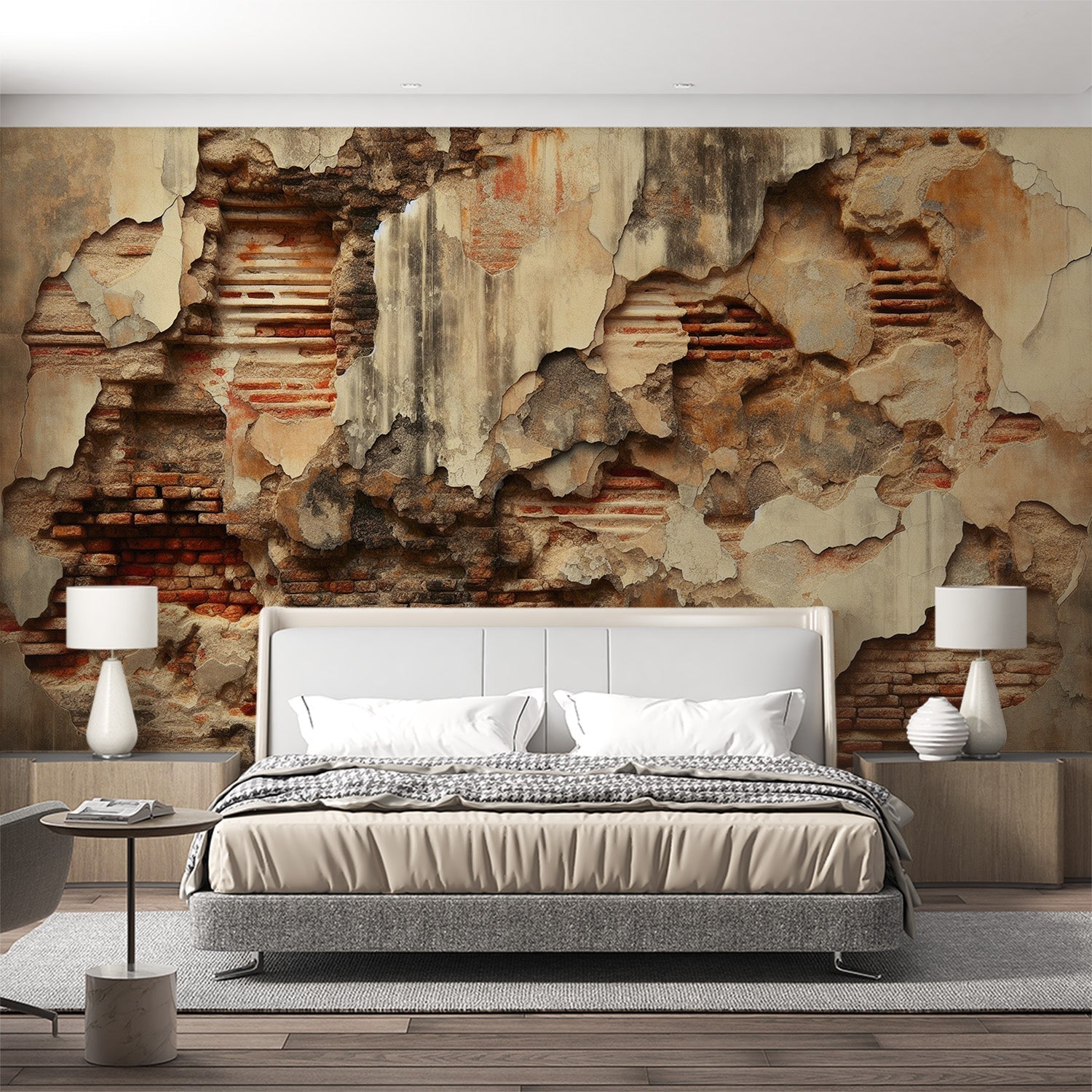 Industrial brick wallpaper creating a stunning accent wall in modern loft living room with high ceilings and contemporary furniture