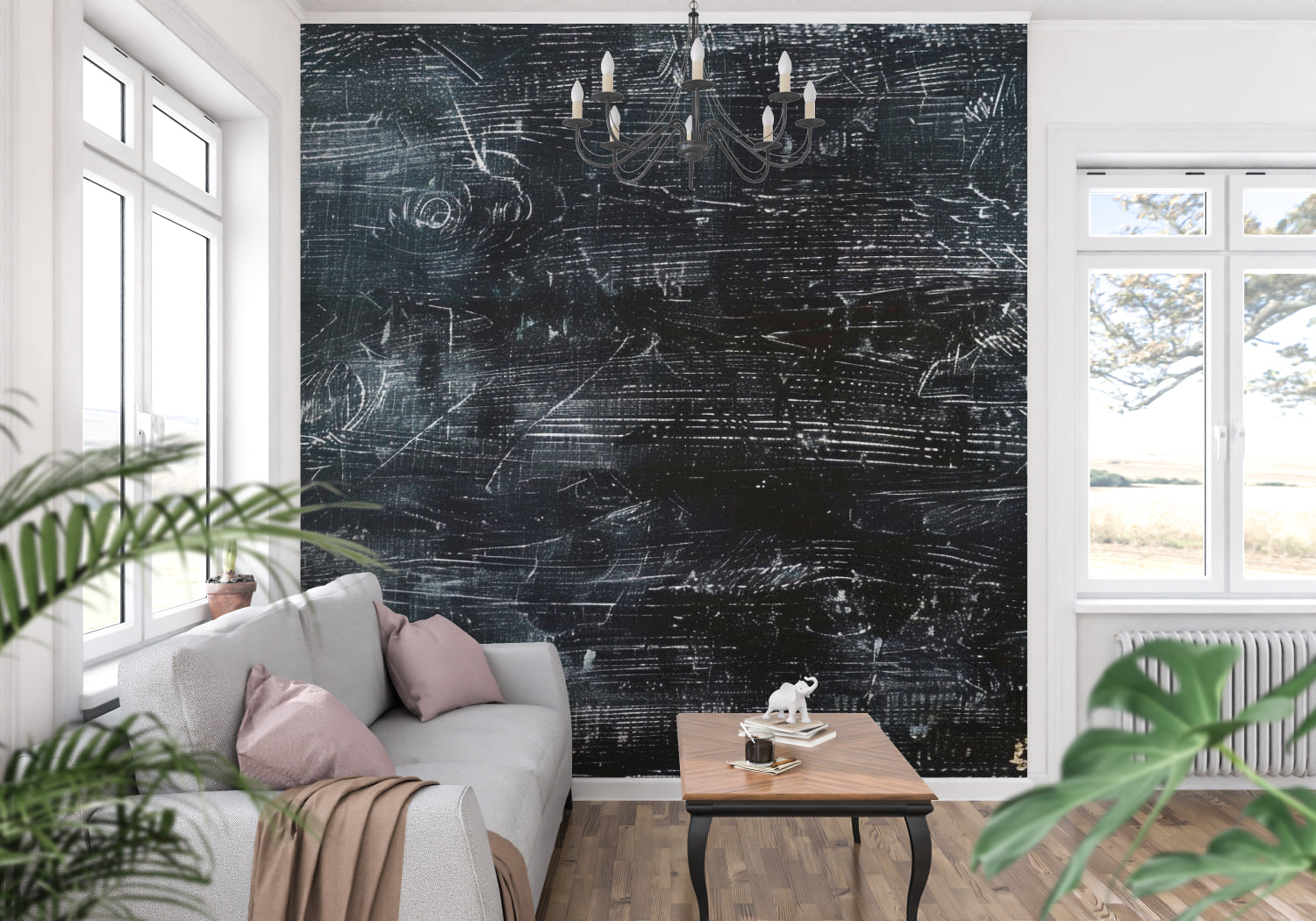 Dark industrial wallpaper creating atmosphere in a creative studio setting