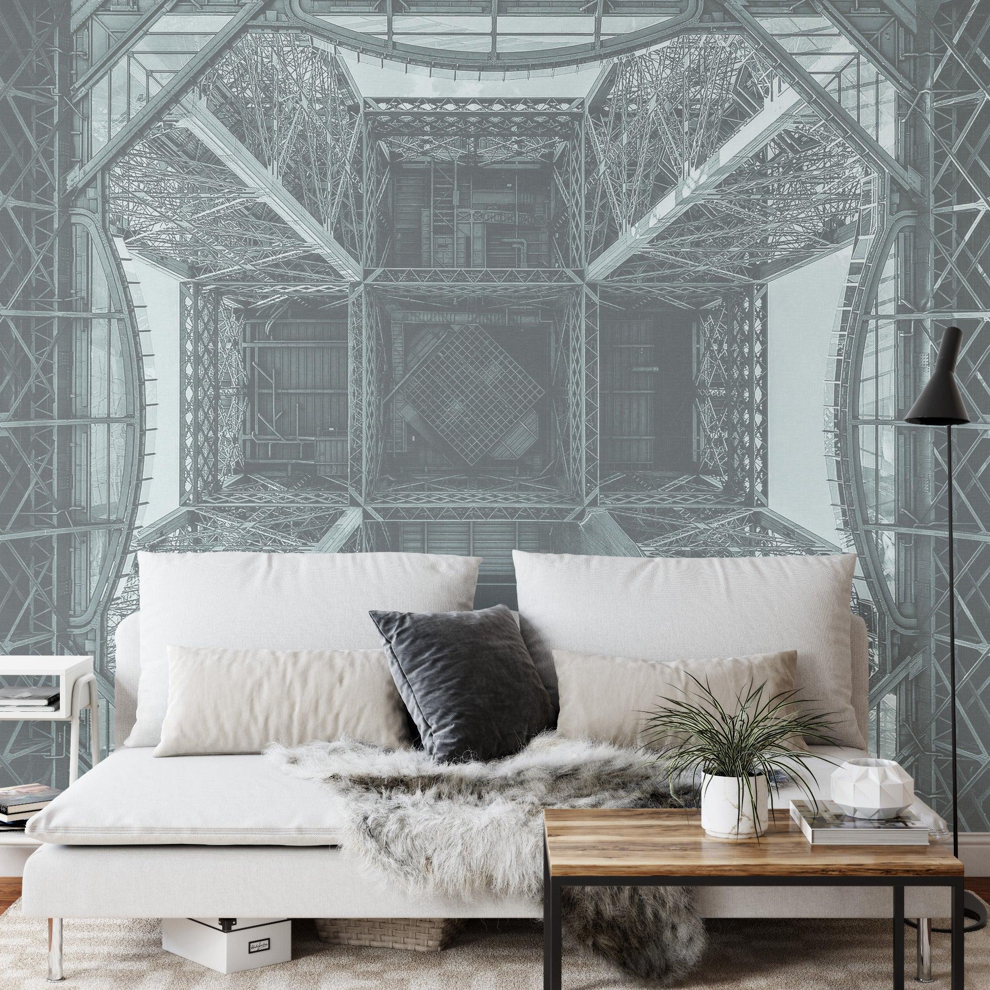 Geometric Eiffel Tower mural adding architectural interest to a contemporary office space