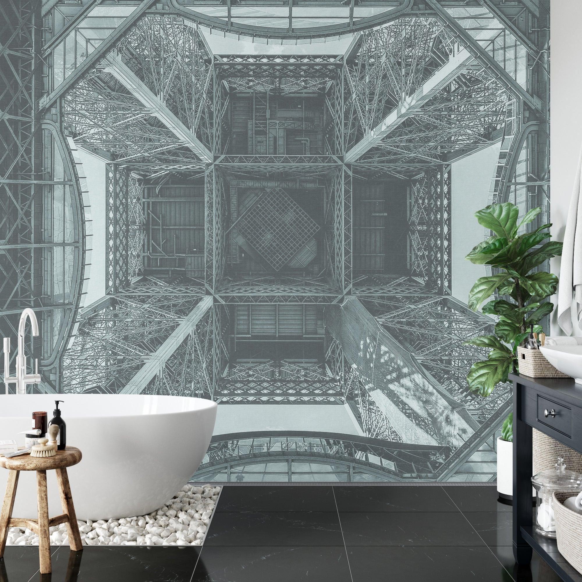 Industrial geometric wallpaper showcasing the Eiffel Tower in a stylish dining room setting