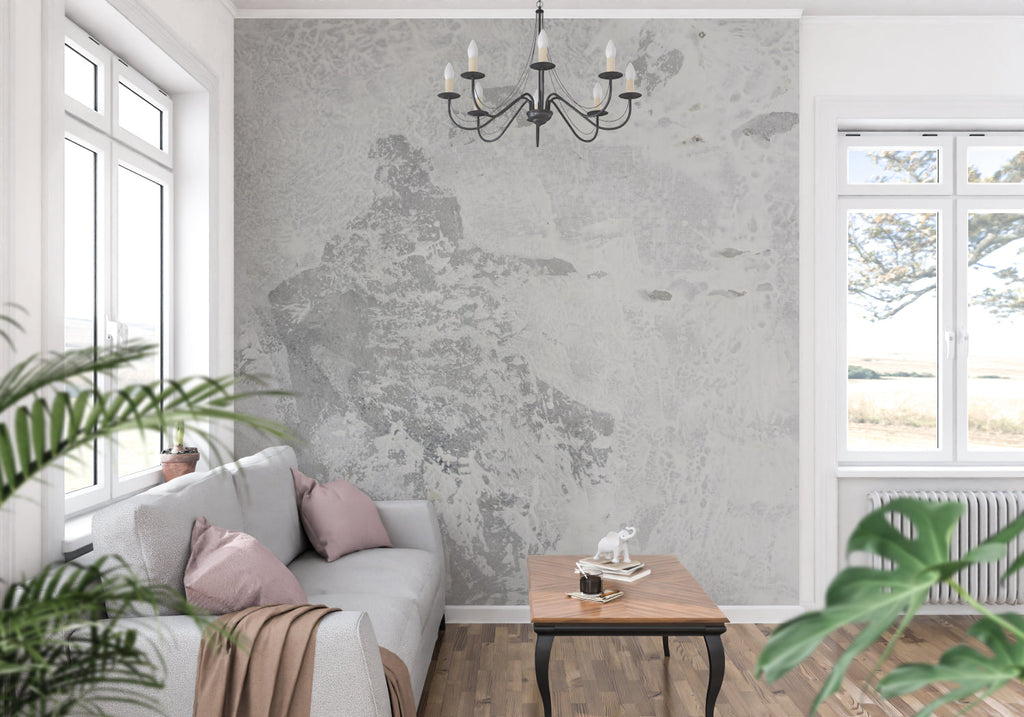 Grey concrete wallpaper creating industrial appeal in contemporary office space