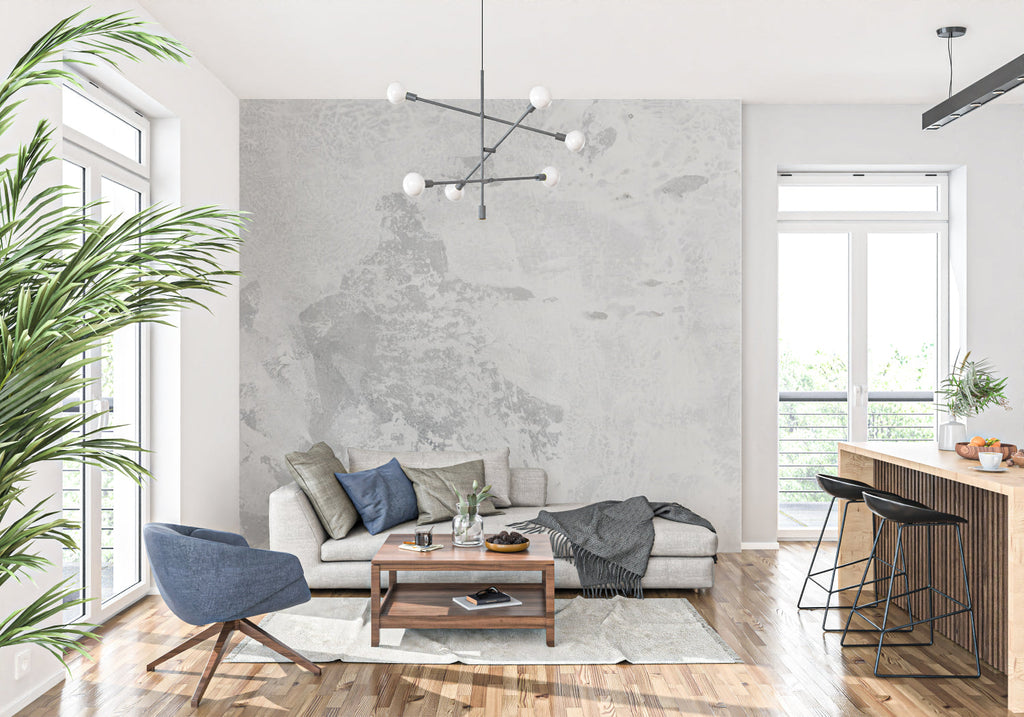 Industrial concrete wall mural adding character to modern dining room