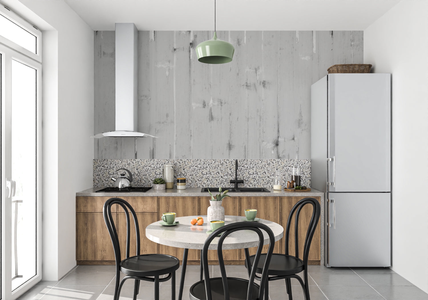 Industrial grey wood wallpaper in modern minimalist living room creating depth and texture