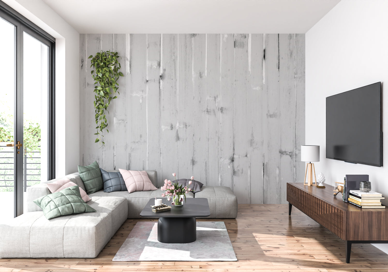 Industrial wood effect wallpaper in stylish office setting