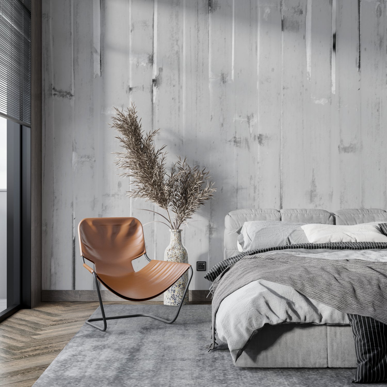 Grey wood wallpaper adding texture to modern dining room