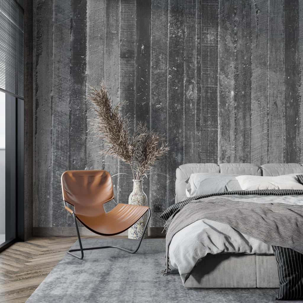 Industrial style bedroom featuring grey wooden wall mural with metal accents