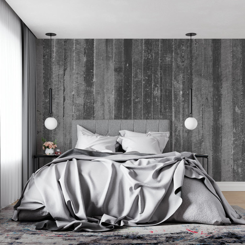 Retail space with wooden plank wall mural creating an urban atmosphere