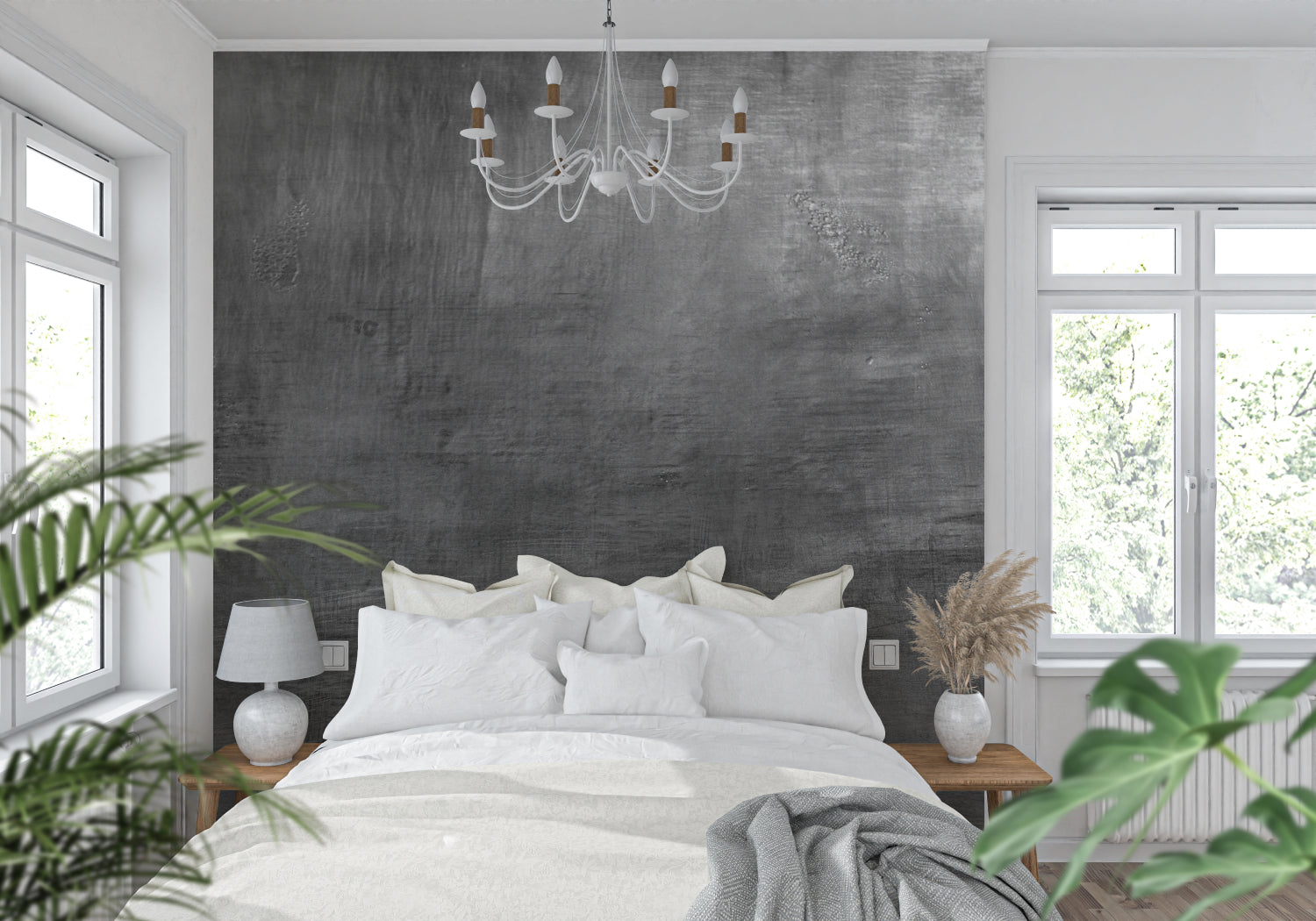 Industrial concrete wallpaper in modern minimalist living room with grey sofa and metal accents