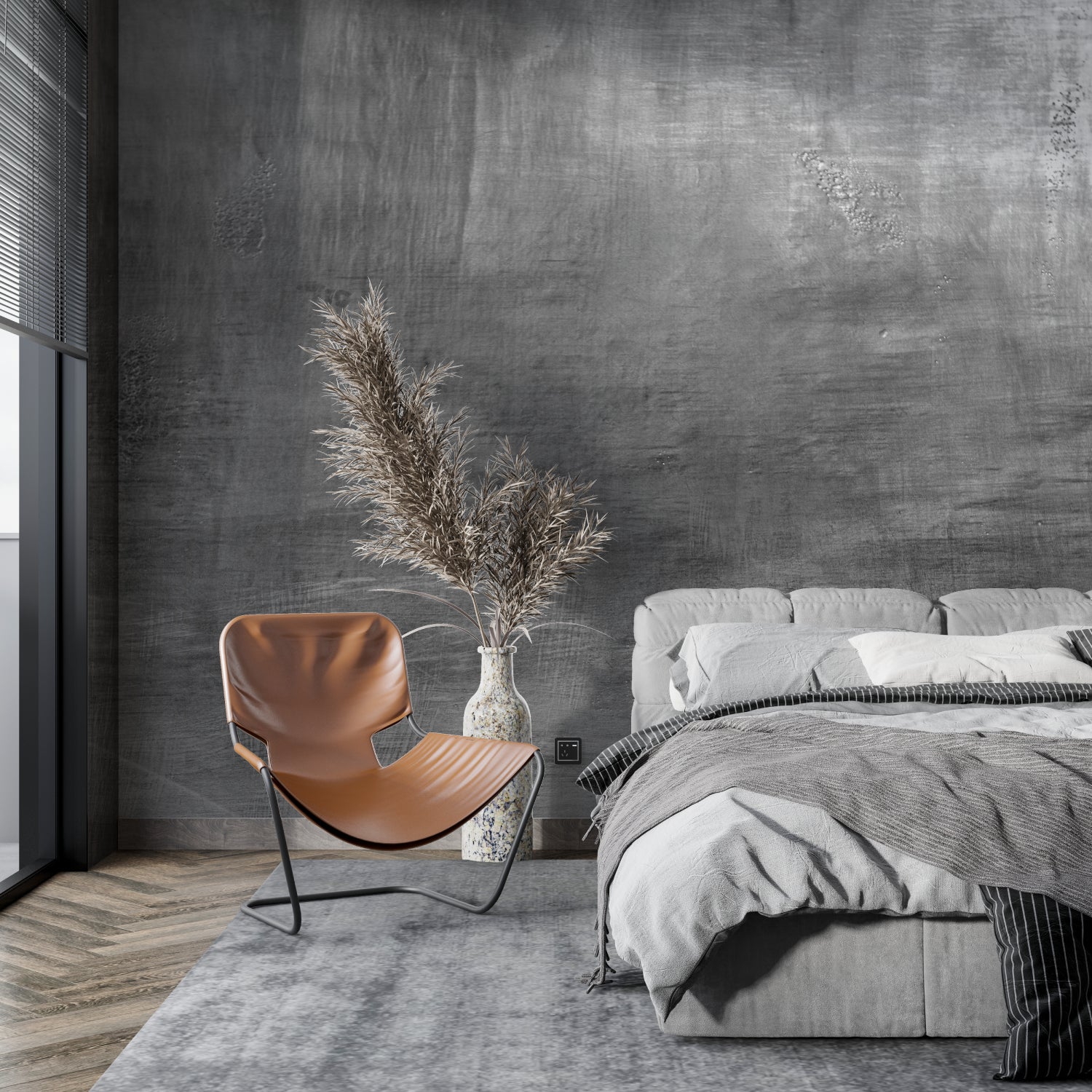 Grey concrete effect wallpaper in urban style office space with glass desk