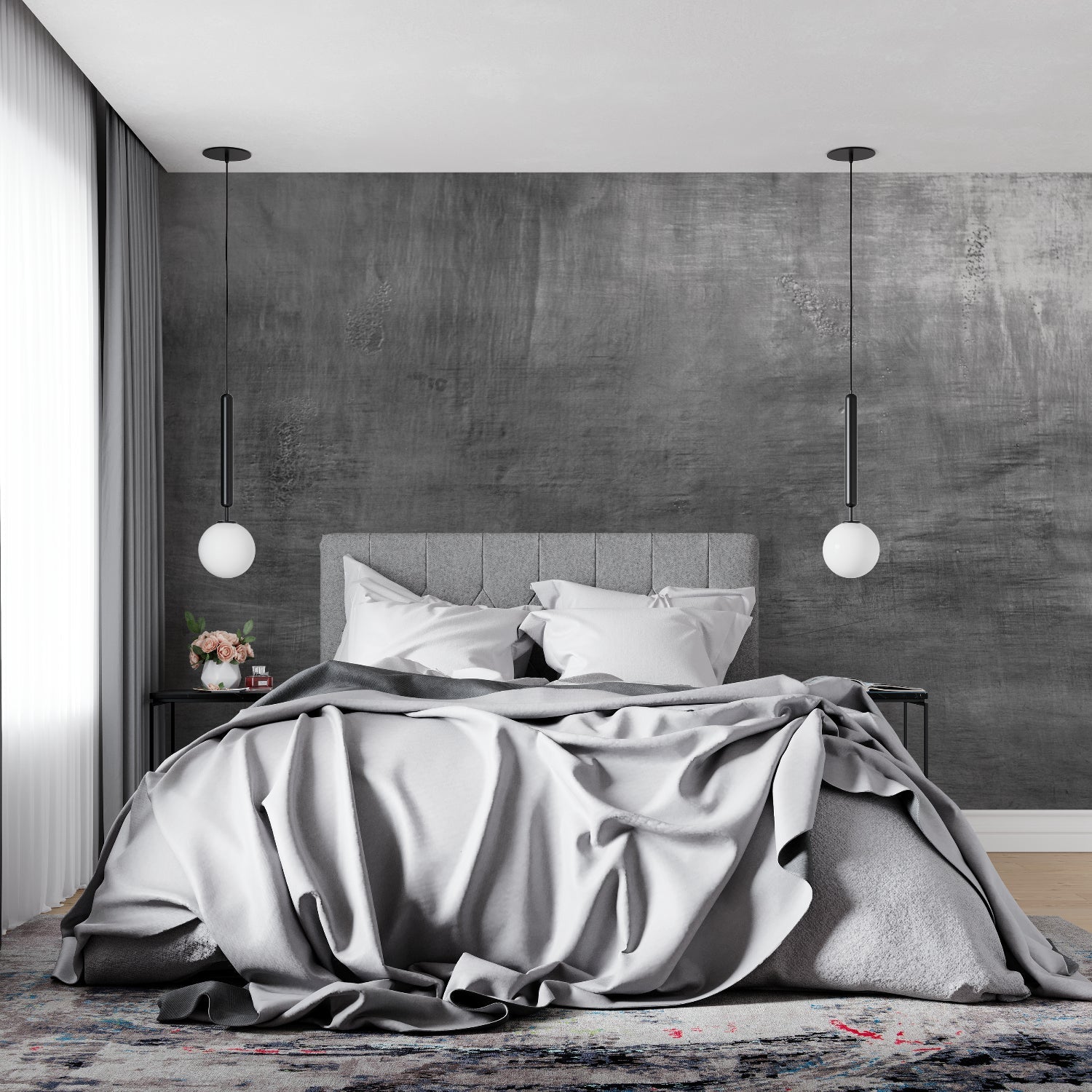 Concrete effect wall mural in modern kitchen with stainless steel appliances