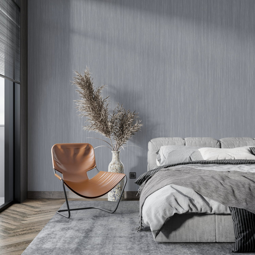 Modern industrial grey striped wallpaper in a minimalist office space with natural lighting