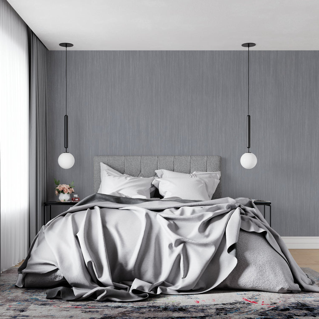 Industrial stripe wallpaper in modern living room with leather furniture