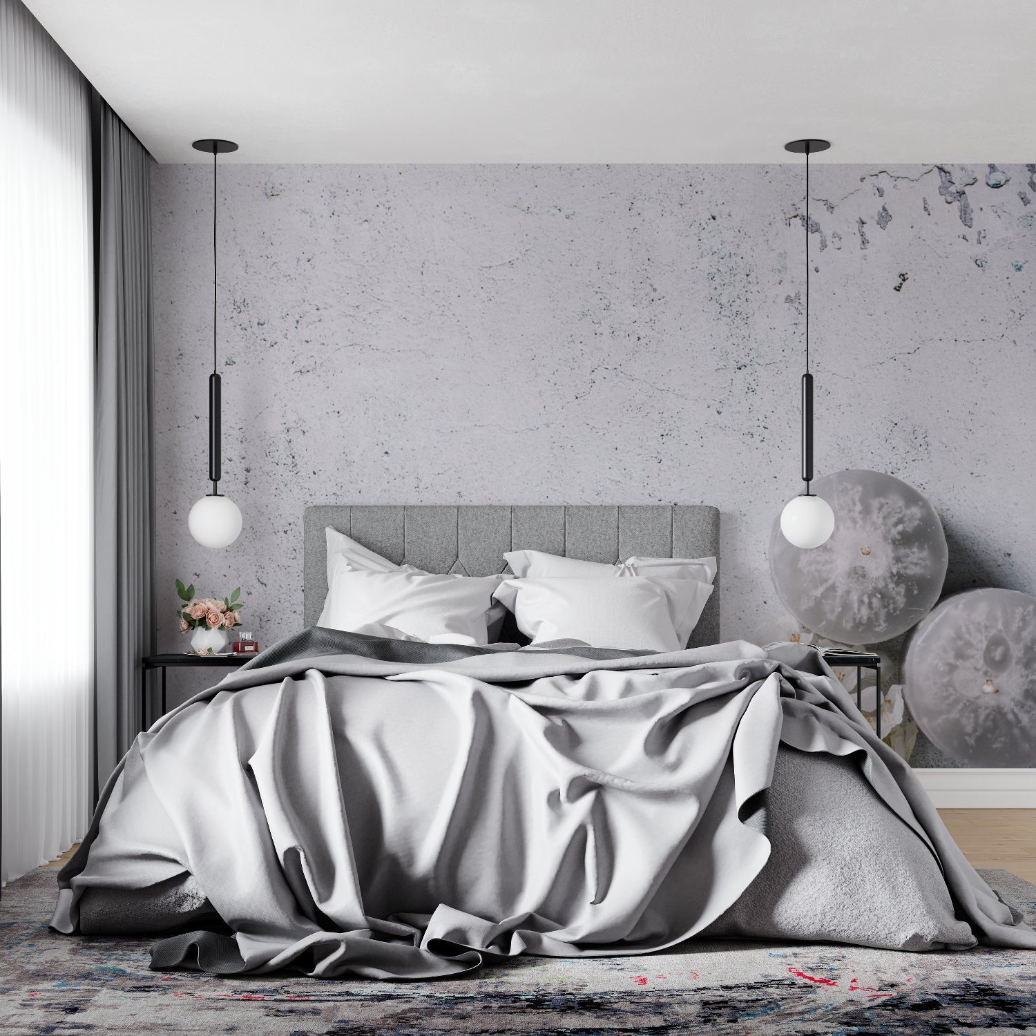 Modern bedroom with concrete wall mural showing soft grey tones and subtle texture