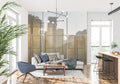 Modern industrial window wallpaper creating depth in a minimalist living room with natural light