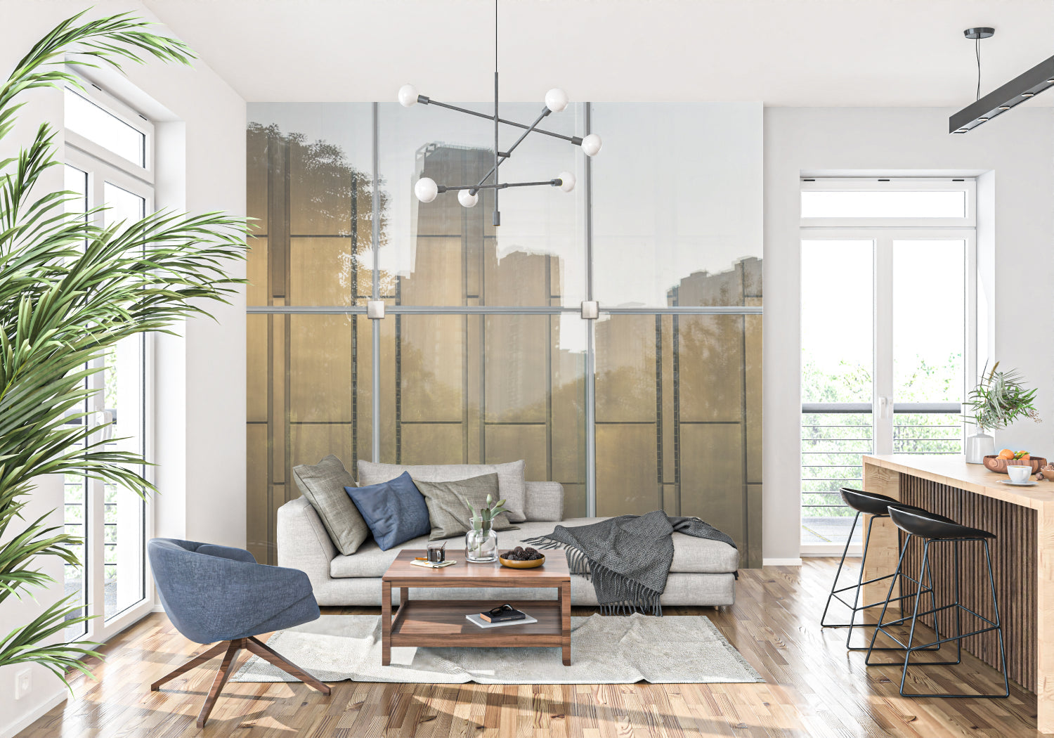 Modern industrial window wallpaper creating depth in a minimalist living room with natural light