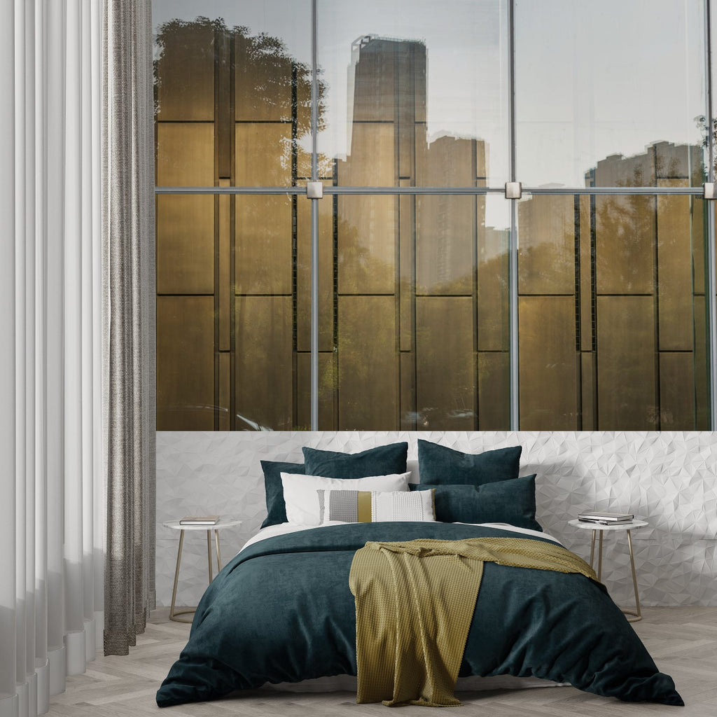 Gold glass window mural adding sophistication to a contemporary office space