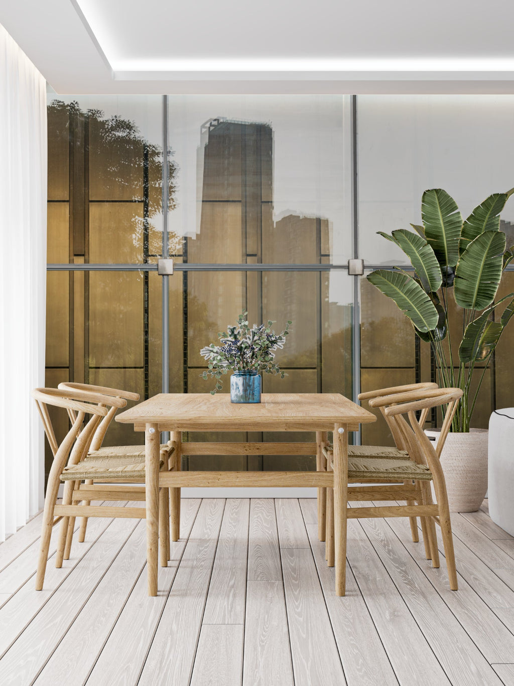 Industrial window wallpaper transforming a modern dining room with golden accents